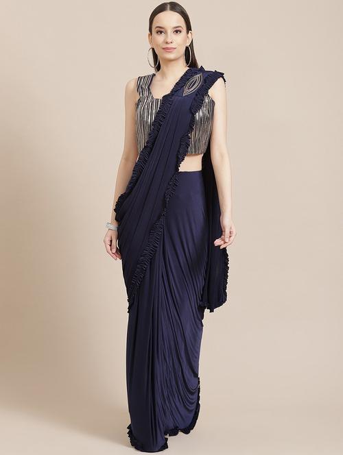 solid pre-draped saree with blouse - 19984400 - Very Small Image - 1