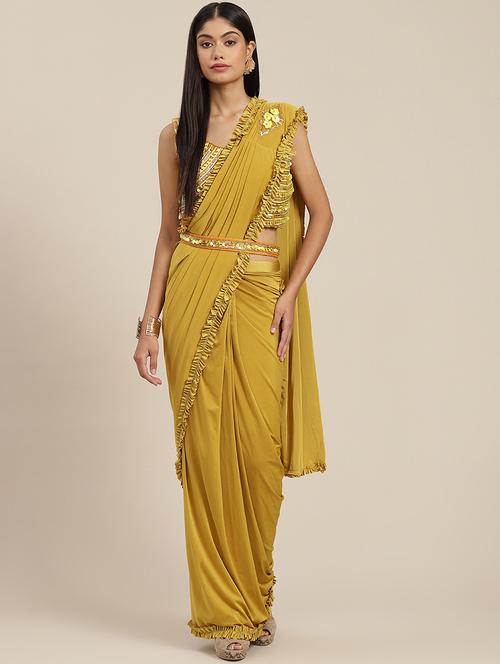 solid bordered pre-draped saree with blouse - 19984406 - Very Small Image - 1