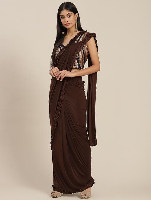 solid ruffled pre-draped saree with blouse - 19984455 - Very Small Image - 1