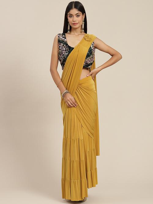 solid ruffled pre-draped saree with blouse - 19984477 - Very Small Image - 1