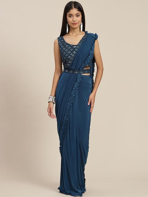 solid pre-draped saree with blouse - 19984479 - Very Small Image - 1