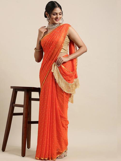 orange printed saree with blouse - 19984958 - Very Small Image - 1