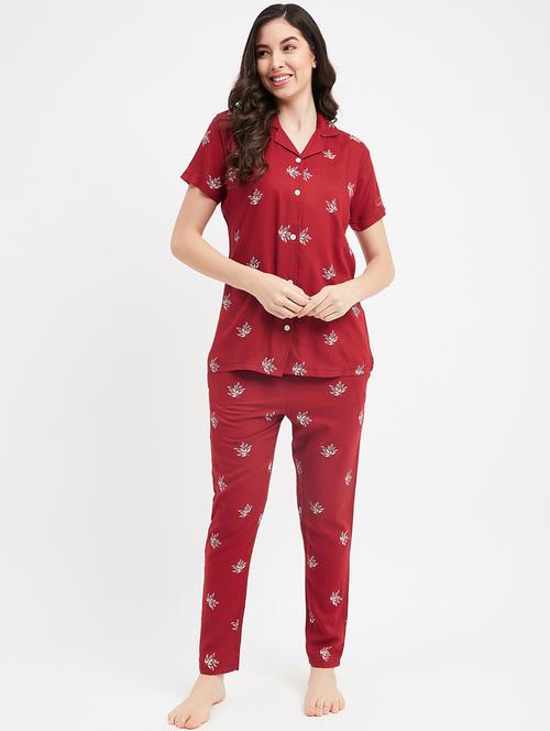 lapel neck printed nightwear pyjama set - 19986221 - Very Small Image - 1