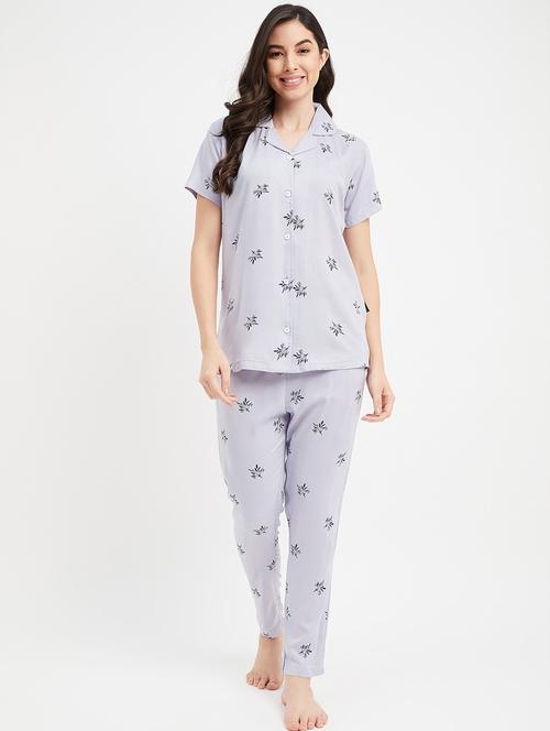 lapel neck printed nightwear pyjama set - 19986223 - Very Small Image - 1
