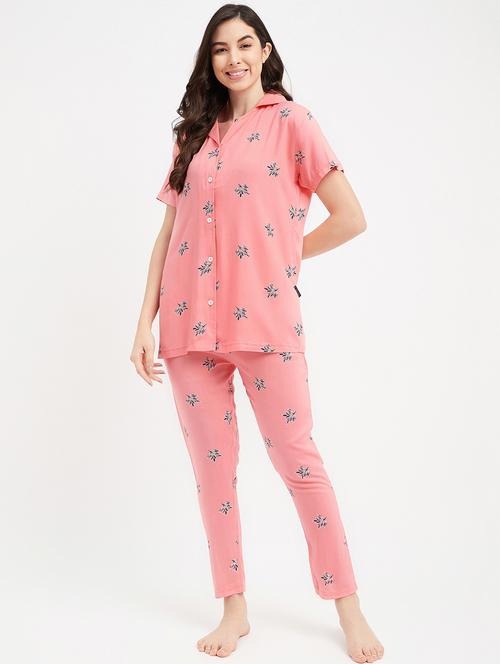 lapel neck printed nightwear pyjama set - 19986224 - Very Small Image - 1