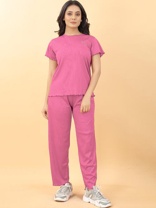 round neck solid nightwear pyjama set - 19986568 - Very Small Image - 1