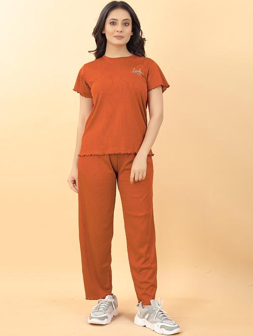 round neck solid nightwear pyjama set - 19986569 - Very Small Image - 1