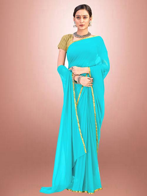 turquoise plain solid saree with blouse - 19986717 - Very Small Image - 1
