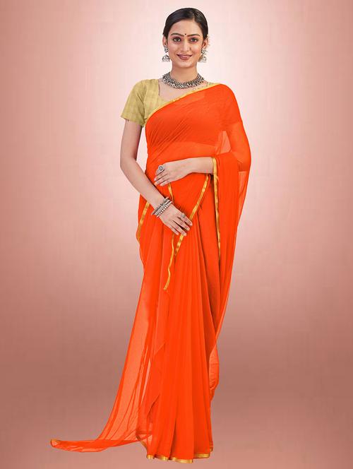 orange plain solid saree with blouse - 19986720 - Very Small Image - 1
