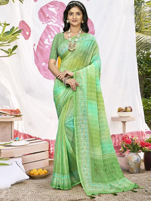 green printed saree with blouse - 19986887 - Very Small Image - 1