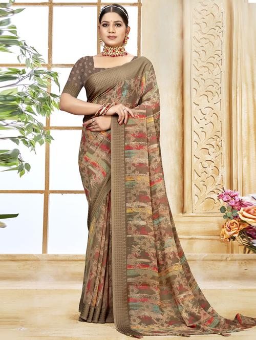 brown printed saree with blouse - 19986904 - Very Small Image - 1