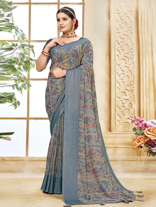 grey printed saree with blouse - 19986905 - Very Small Image - 1