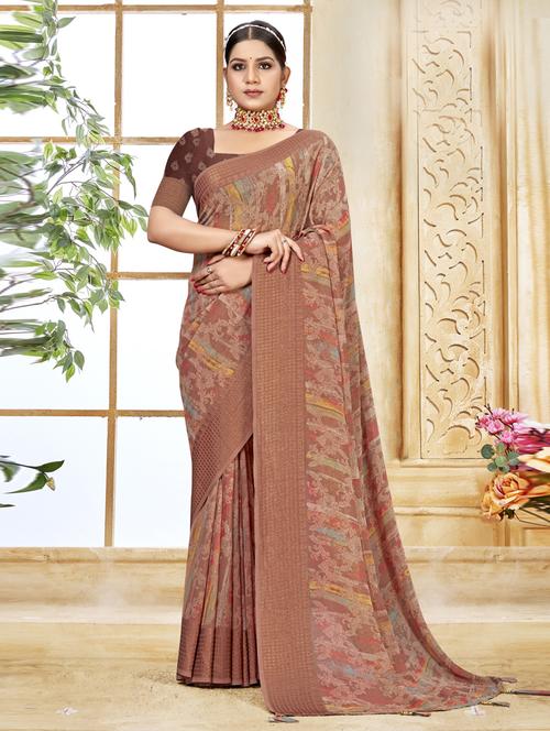 brown printed saree with blouse - 19986906 - Very Small Image - 1