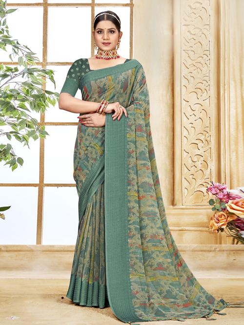 teal printed saree with blouse - 19986908 - Very Small Image - 1