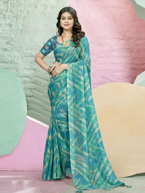 turquoise printed saree with blouse - 19986923 - Very Small Image - 1