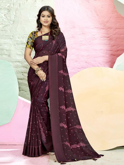 purple printed saree with blouse - 19986928 - Very Small Image - 1
