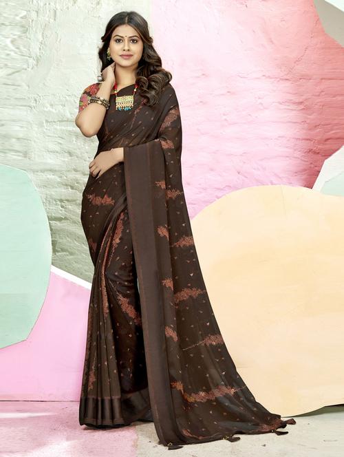 brown printed saree with blouse - 19986930 - Very Small Image - 1