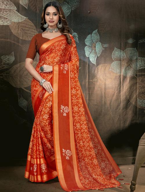 orange printed saree with blouse - 19986944 - Very Small Image - 1