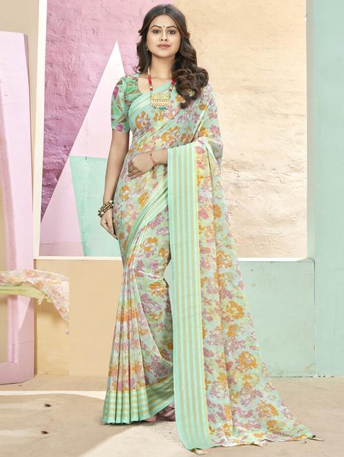 light green printed saree with blouse - 19986948 - Very Small Image - 1