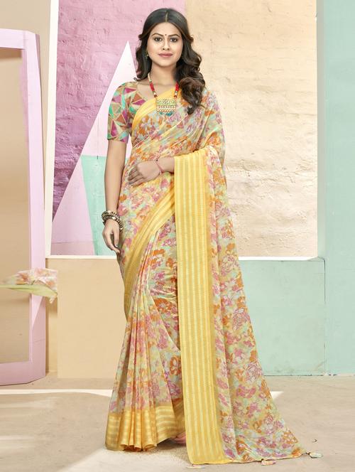 yellow printed saree with blouse - 19986949 - Very Small Image - 1