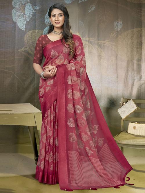 women's block print maroon colored saree with blouse - 19986997 - Very Small Image - 1