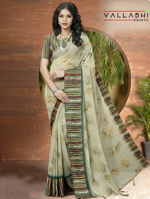 light green printed saree with blouse - 19987010 - Very Small Image - 1