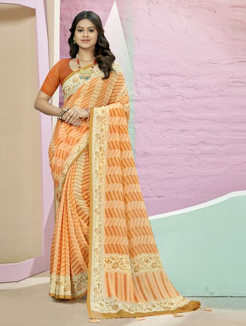 orange printed saree with blouse - 19987013 - Very Small Image - 1