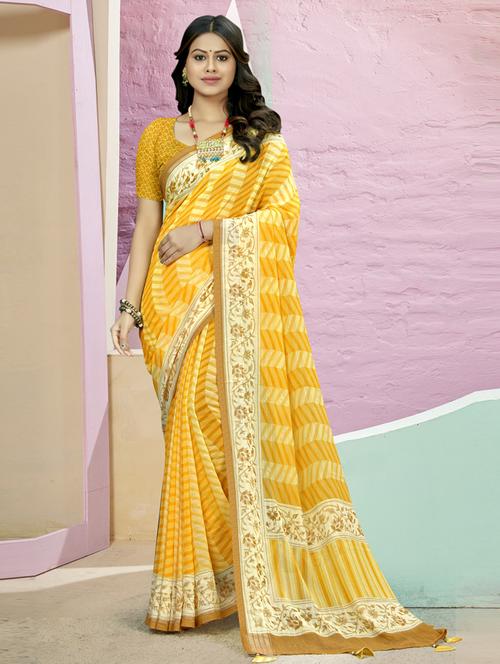 yellow printed saree with blouse - 19987016 - Very Small Image - 1