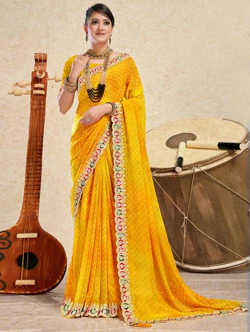 yellow art silk bandhani saree with blouse - 19987033 - Very Small Image - 1