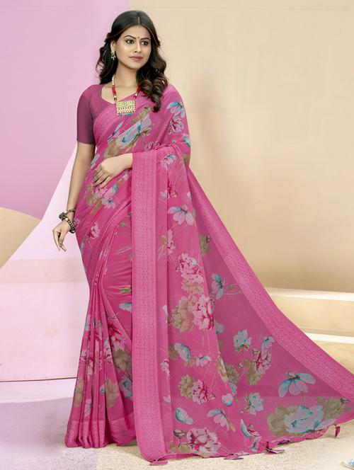 pink printed saree with blouse - 19987056 - Very Small Image - 1