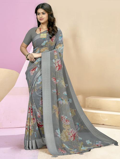 grey printed saree with blouse - 19987057 - Very Small Image - 1