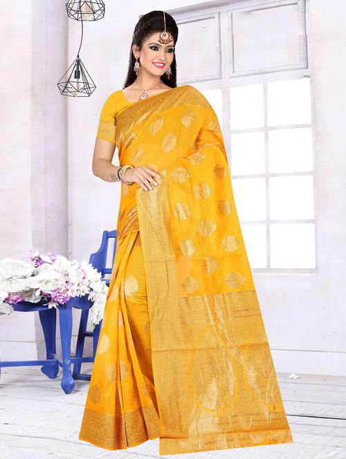 yellow self design woven saree with blouse - 19987065 - Very Small Image - 1