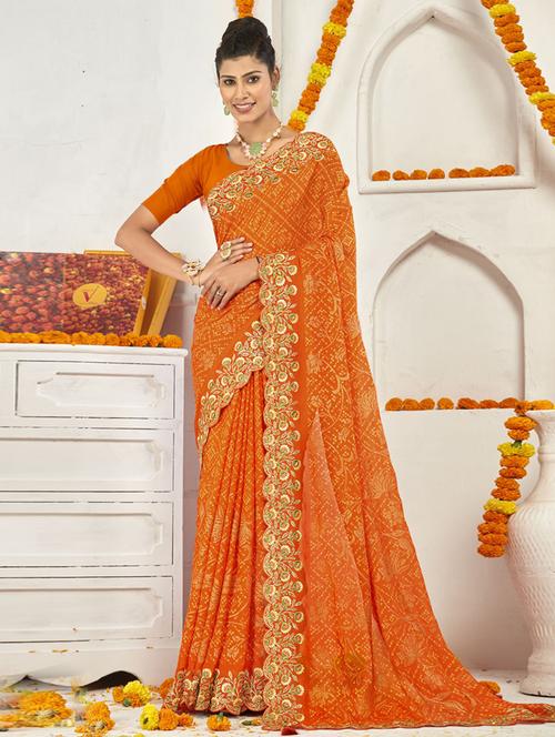 orange bandhani saree with blouse - 19987090 - Very Small Image - 1