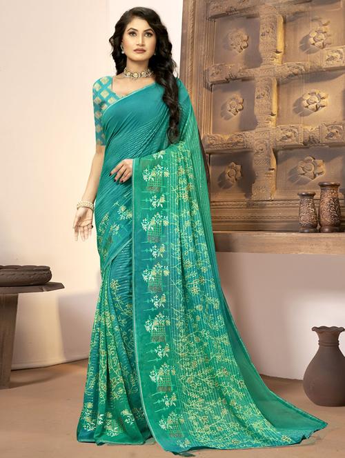 turquoise printed saree with blouse - 19987099 - Very Small Image - 1