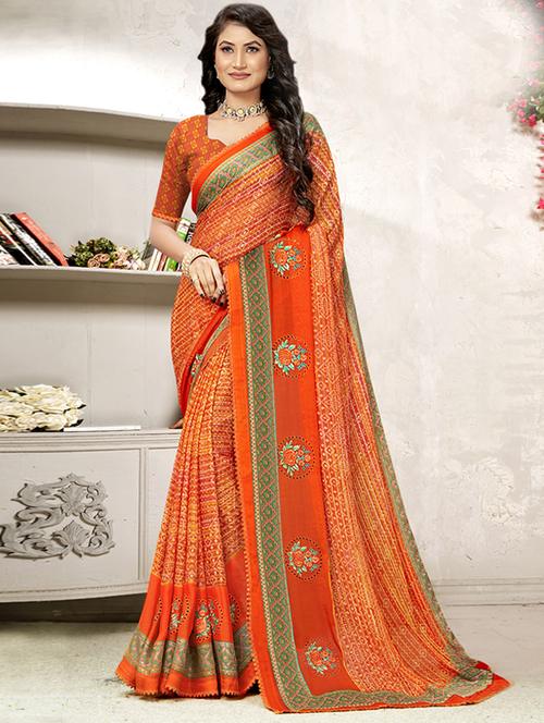 women's printed orange colored saree with blouse - 19987111 - Very Small Image - 1