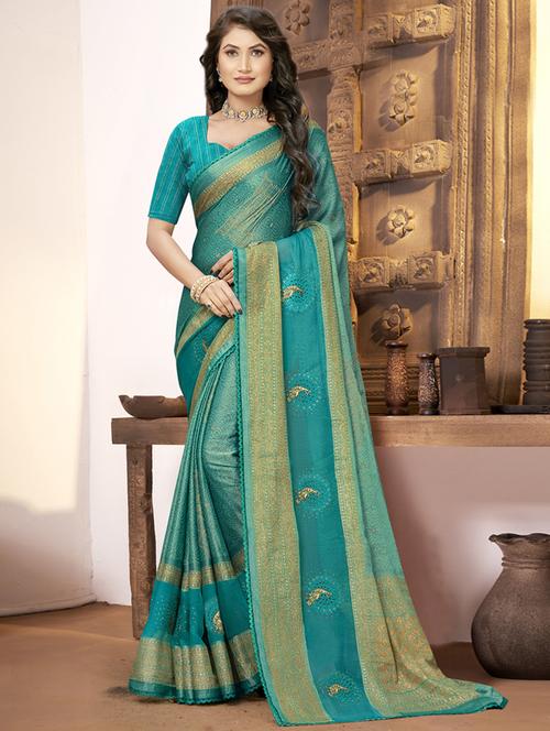 turquoise self design woven saree with blouse - 19987116 - Very Small Image - 1
