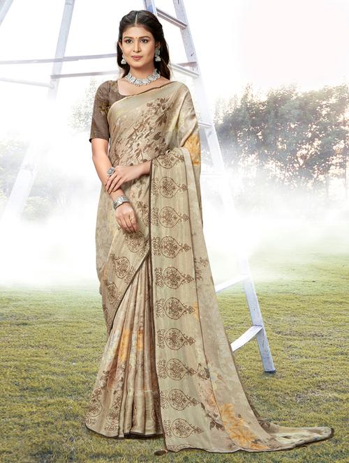 brown art silk printed saree with blouse - 19987153 - Very Small Image - 1