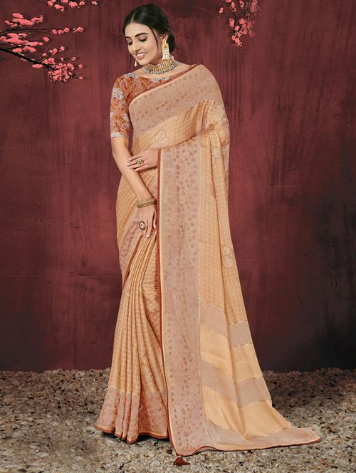 orange silk printed saree with blouse - 19987157 - Very Small Image - 1