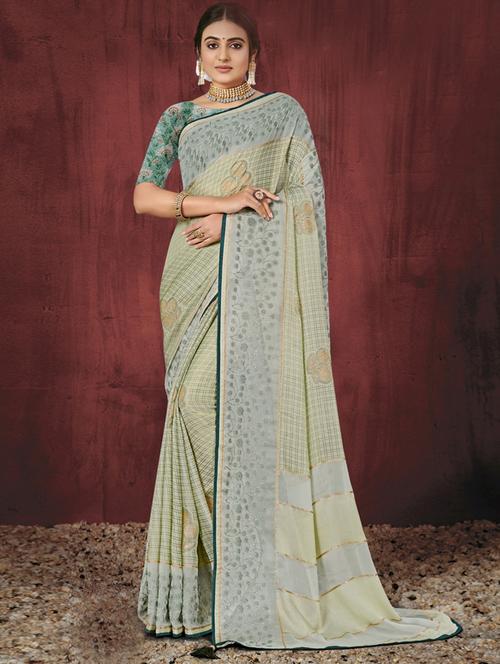 green silk printed saree with blouse - 19987159 - Very Small Image - 1
