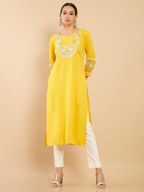 yellow round neck straight kurta - 19987297 - Very Small Image - 1