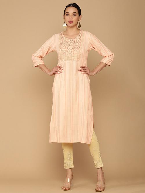 pink embroidered round neck straight kurta - 19987364 - Very Small Image - 1