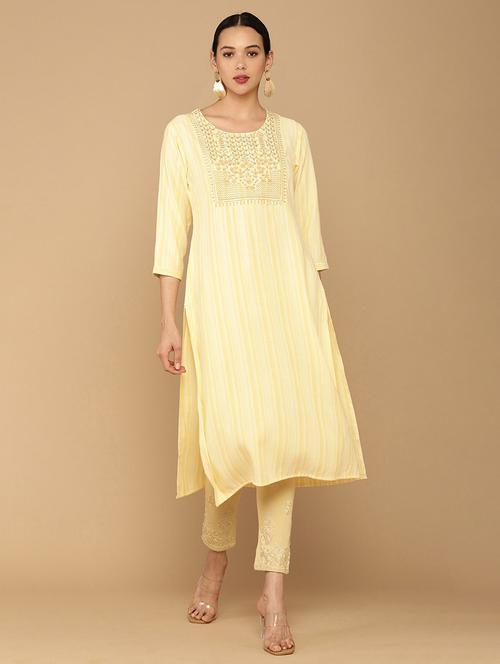 yellow embroidered round neck straight kurta - 19987365 - Very Small Image - 1