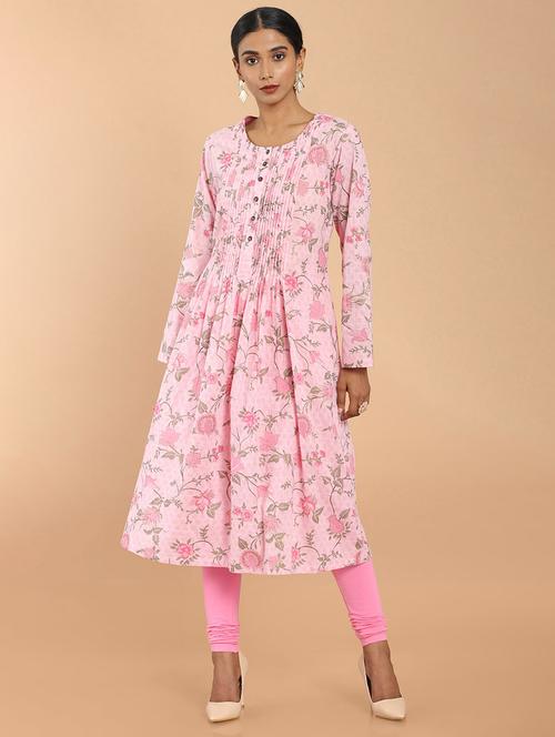 pink floral print round neck a-line kurta - 19987395 - Very Small Image - 1