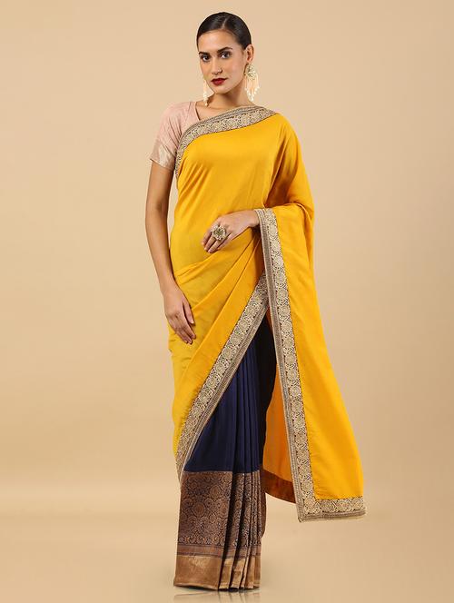 mustard & blue embroidered border half and half saree with blouse - 19987429 - Very Small Image - 1