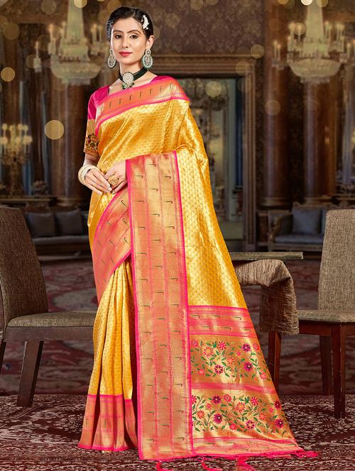 yellow silk kanjivaram saree - 19989731 - Very Small Image - 1