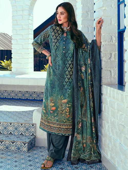 teal printed unstitched suit set - 19992286 - Very Small Image - 1