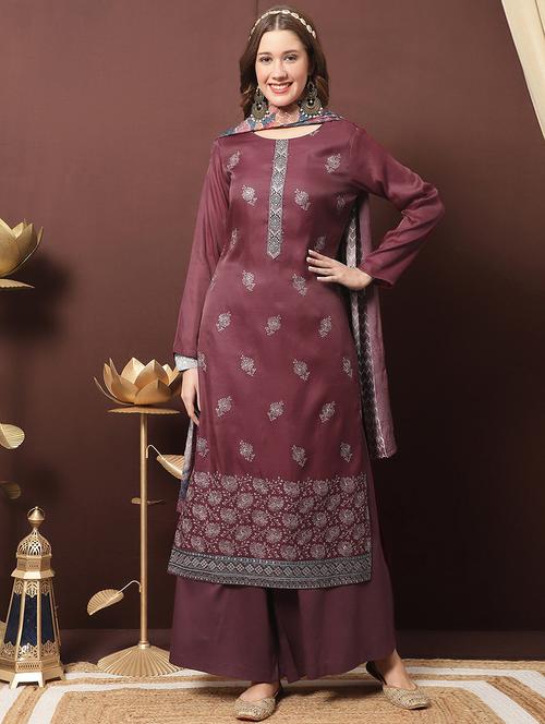 purple floral print unstitched suit set - 19992288 - Very Small Image - 1