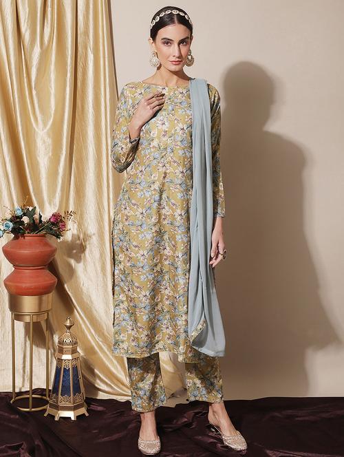 green floral print unstitched suit set - 19992293 - Very Small Image - 1