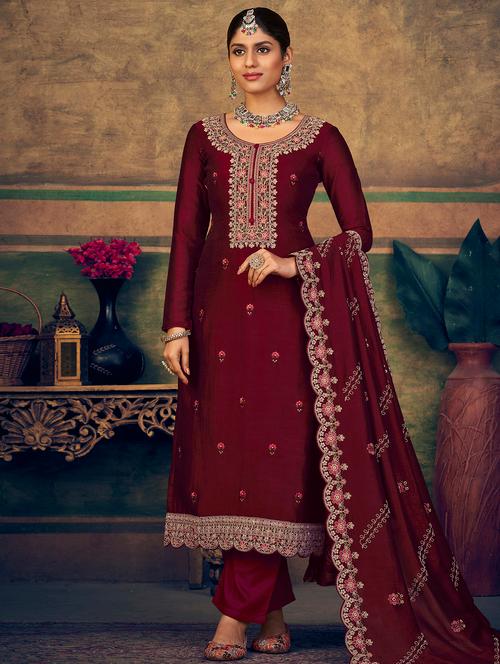 maroon floral embroidered unstitched suit set - 19992302 - Very Small Image - 1