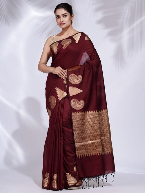maroon self design woven saree with blouse - 19992439 - Very Small Image - 1